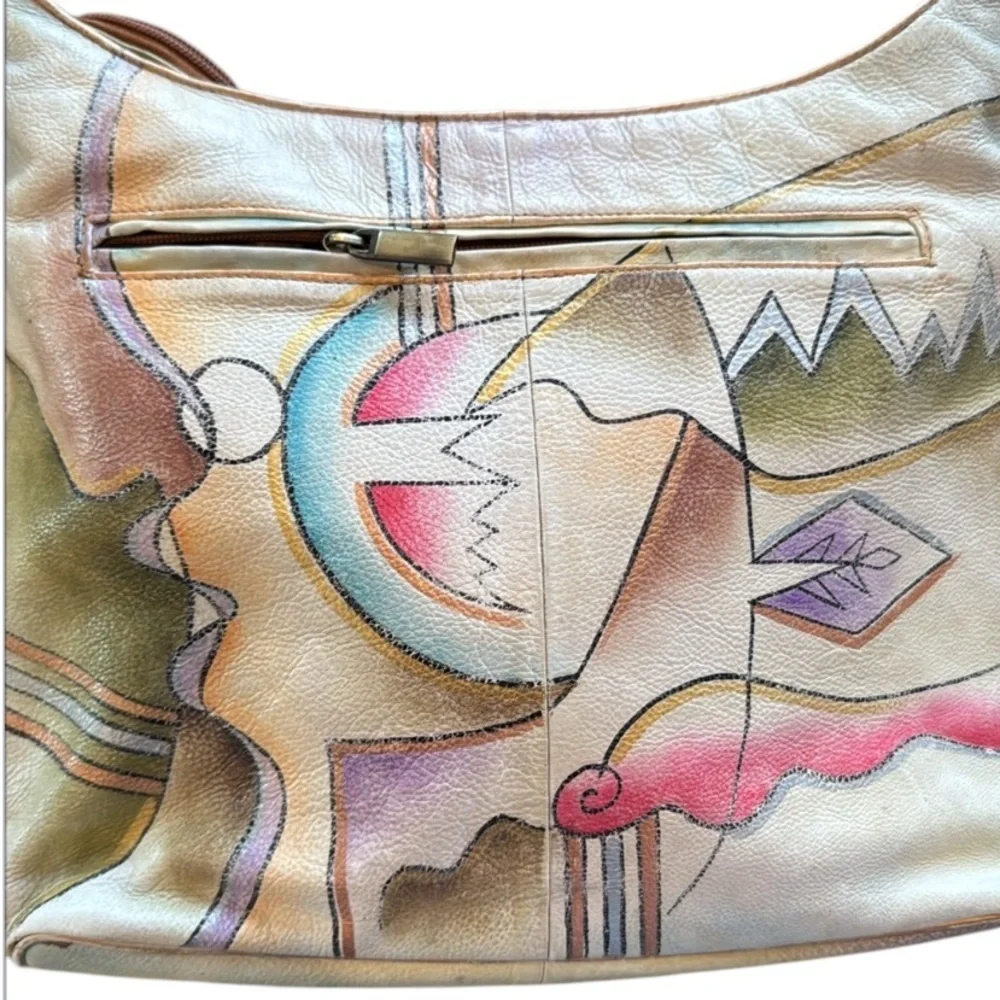 Vintage Handpainted Leather Manifique Hobo Bag with Braided Shoulder Strap